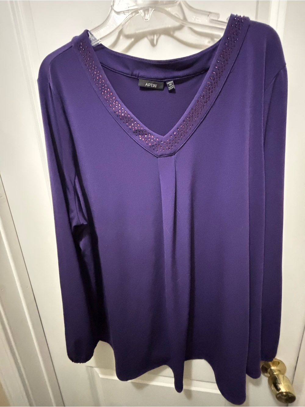 Apt. 9 Deep Purple V-Neck Long Sleeve Top with Embellished Trim